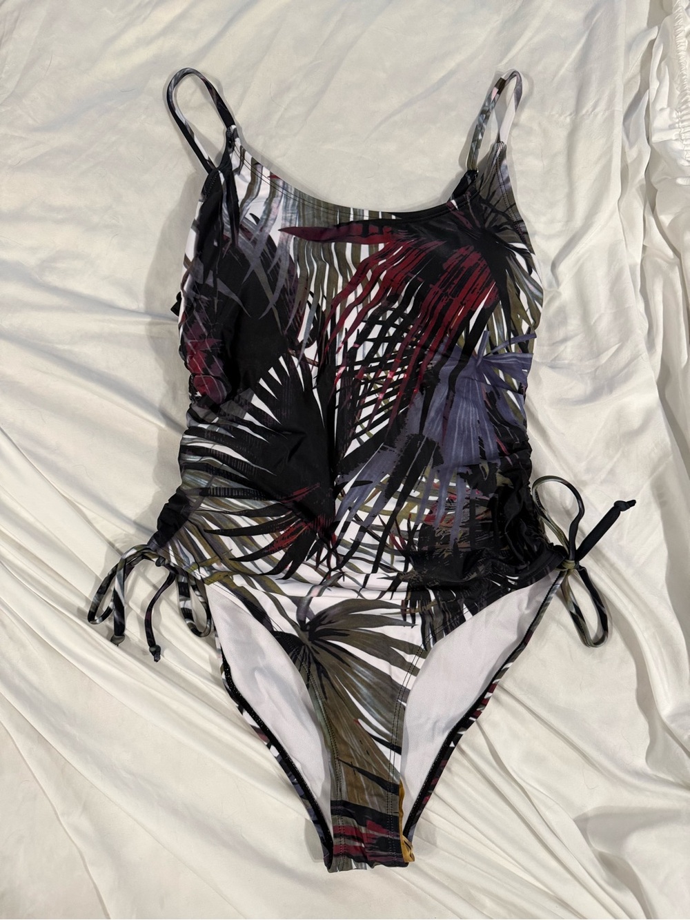 NWOT Tropical Leaf Print Black Purple One-Piece Swimsuit with Side Ties
